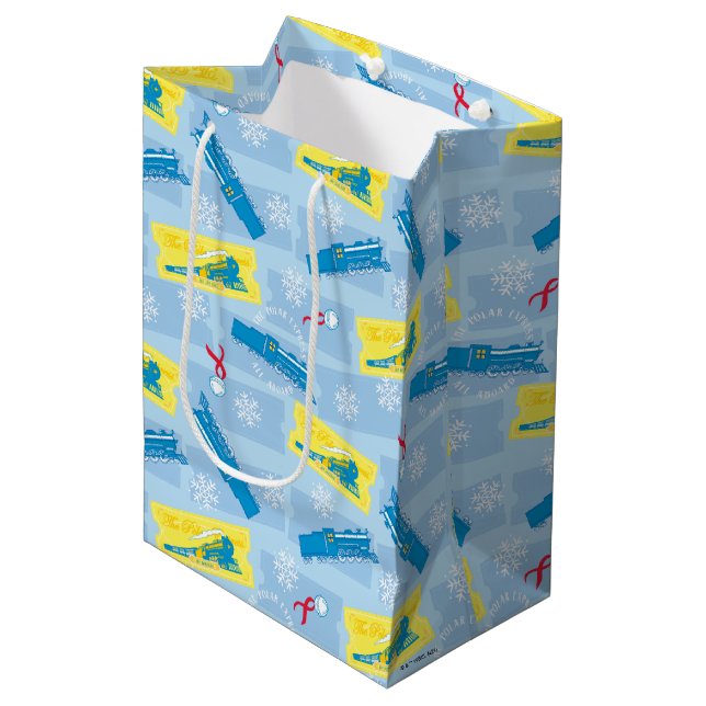 The Polar Express | Retro Train & Ticket Pattern Medium Gift Bag (Front Angled)