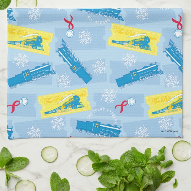 The Polar Express | Retro Train & Ticket Pattern Tea Towel (Folded)