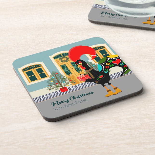 The Portuguese Rooster with a Christmas present Coaster (Left Side)