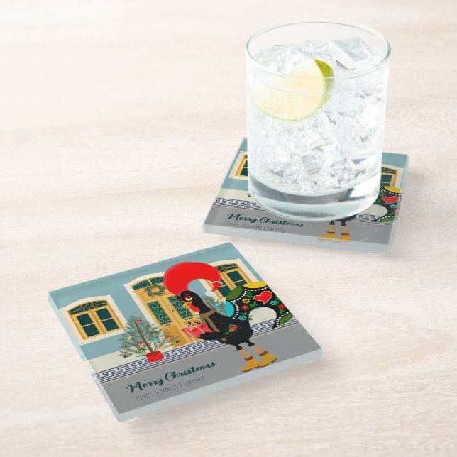 The Portuguese Rooster with a Christmas present Glass Coaster (Angled)
