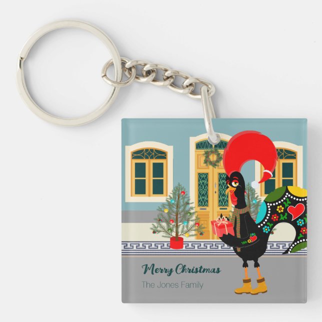 The Portuguese Rooster with a Christmas present Key Ring (Front)