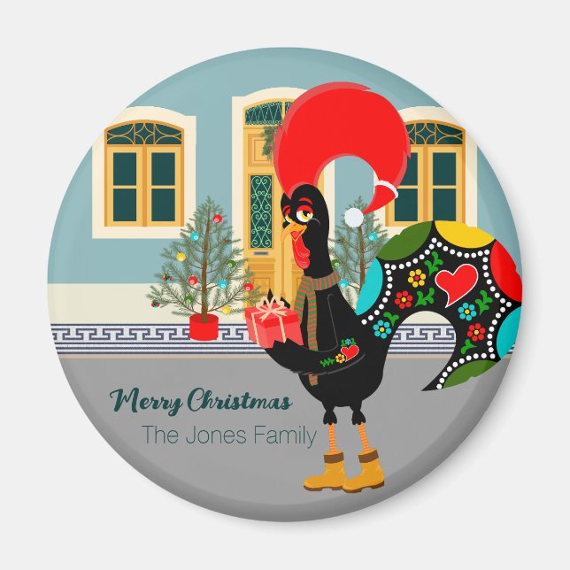 The Portuguese Rooster with a Christmas present Magnet (Front)