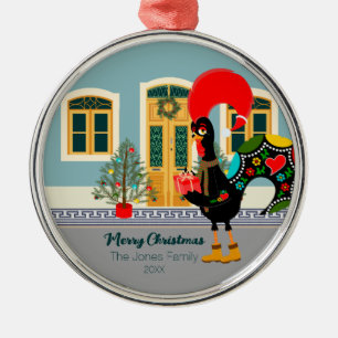The Portuguese Rooster with a Christmas present Metal Tree Decoration
