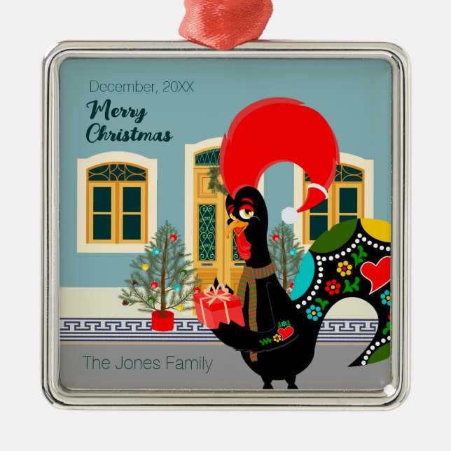 The Portuguese Rooster with a Christmas present Metal Tree Decoration (Front)