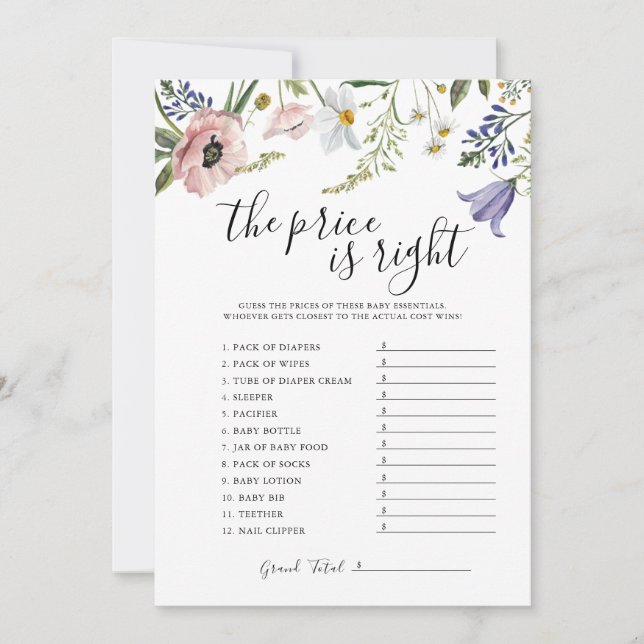 The Price Is Right Baby Shower Game Card (Front)