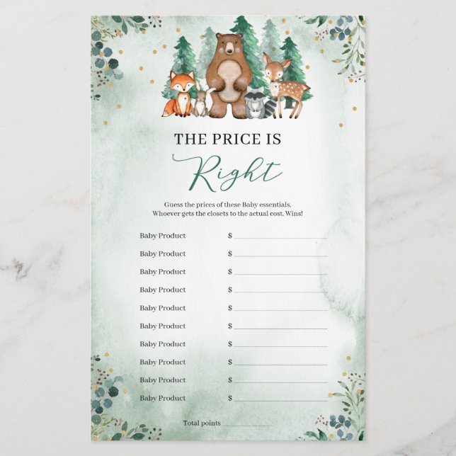 The price is right Baby Shower game woodland green (Front)