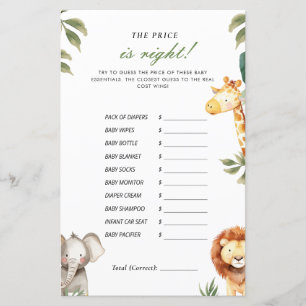 The Price is Right Safari Animals Baby Shower Game