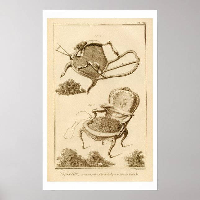 The process of upholstering a chair, from the 'Enc Poster (Front)