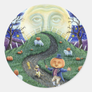 THE PUMPKIN MAN MEETING MAN IN THE MOON, HALLOWEEN CLASSIC ROUND STICKER