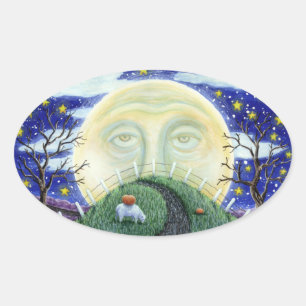 THE PUMPKIN MAN MEETING MAN IN THE MOON, HALLOWEEN OVAL STICKER