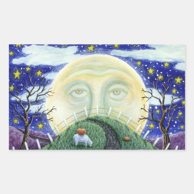 THE PUMPKIN MAN MEETING MAN IN THE MOON, HALLOWEEN RECTANGULAR STICKER (Front)