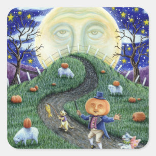 THE PUMPKIN MAN MEETING MAN IN THE MOON, HALLOWEEN SQUARE STICKER