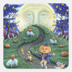 THE PUMPKIN MAN MEETING MAN IN THE MOON, HALLOWEEN SQUARE STICKER