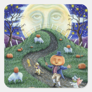 THE PUMPKIN MAN MEETING MAN IN THE MOON, HALLOWEEN SQUARE STICKER