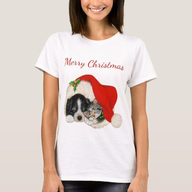 The Puppy and Kitten Merry Christmas Shirt (Front)