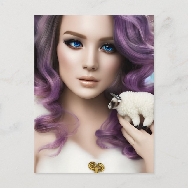 The Purple Haired Woman and A Cute Stuffed Sheep Postcard (Front)