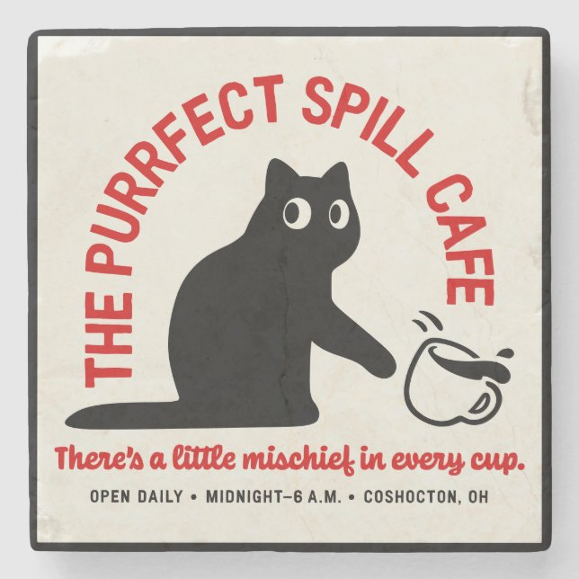 The Purrfect Spill Cafe Stone Coaster (Front)