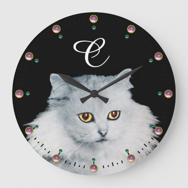 THE QUEEN OF WHITE CATS MONOGRAM ,Pink Gemstones Large Clock (Front)