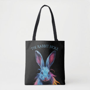 The Rabbit Hole Blue Rabbit on Fire Tote Bag