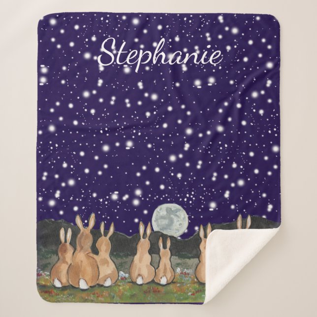 The Rabbit in the Moon Navy Blue Night Sky Custom Sherpa Blanket (Front)