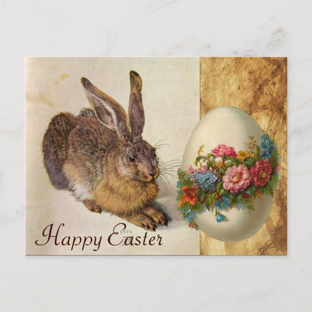 THE RABBIT ( Young Hare ) EASTER EGG WITH FLOWERS Holiday Postcard (Front)