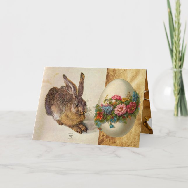 THE RABBIT ( Young Hare ) EASTER EGGS WITH FLOWERS Holiday Card (Front)