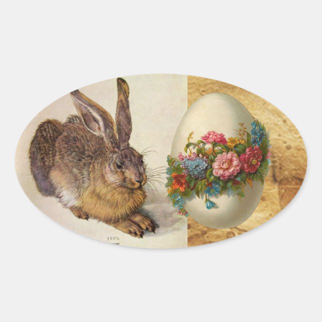 THE RABBIT ( Young Hare ) EASTER EGGS WITH FLOWERS Oval Sticker (Front)