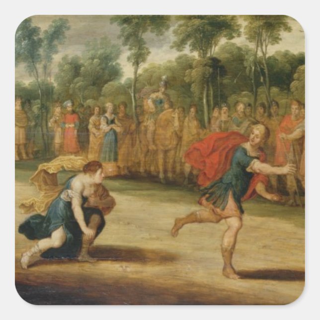 The Race of Atalanta and Hippomenes (oil on panel) Square Sticker (Front)