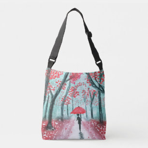 The Rainy Path Human Silhouette with Red Umbrella Crossbody Bag