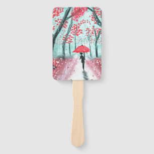 The Rainy Path Human Silhouette with Red Umbrella Hand Fan