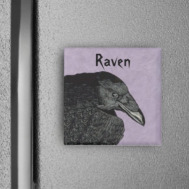 The Raven Magnet (Head wing of black spooky Raven bird on marbled purple square magnet.)