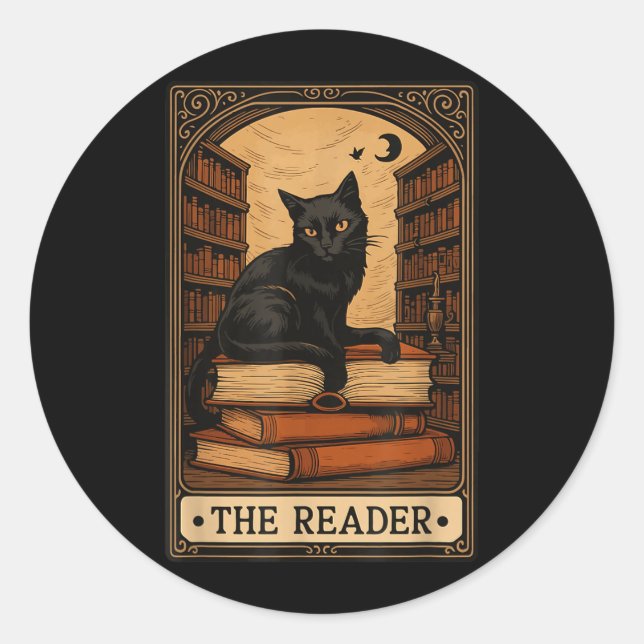 The Reader Black Cat Book Reading Halloween Tarot Classic Round Sticker (Front)
