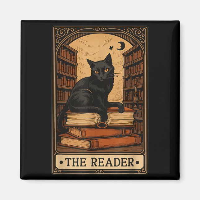 The Reader Black Cat Book Reading Halloween Tarot Magnet (Front)