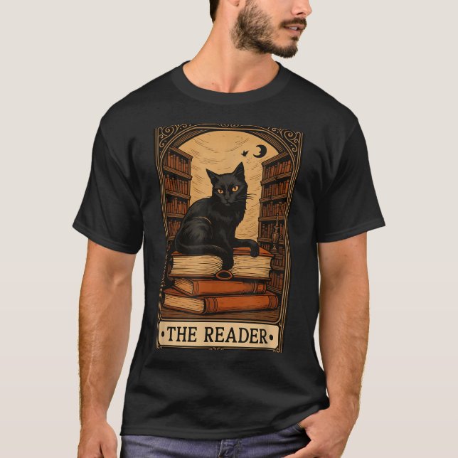 The Reader Black Cat Book Reading Halloween Tarot T-Shirt (Front)
