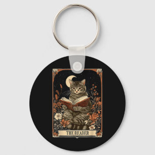 The Reader Tarot Card Cat Reading Book Floral Moon Key Ring