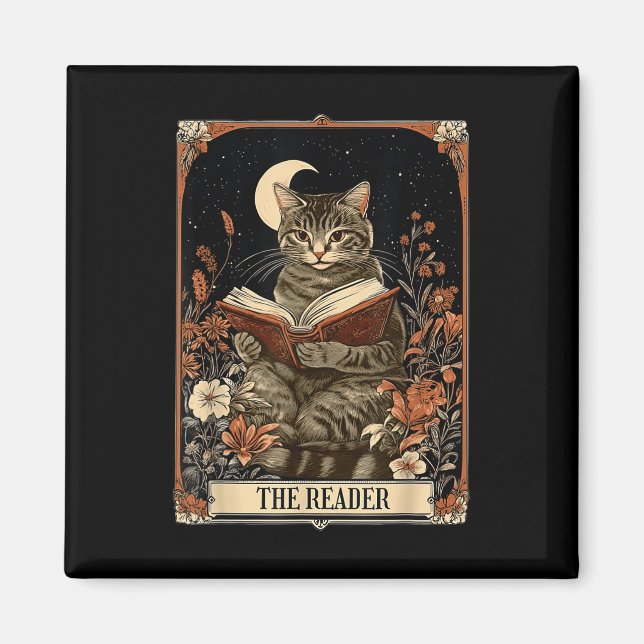 The Reader Tarot Card Cat Reading Book Floral Moon Magnet (Front)