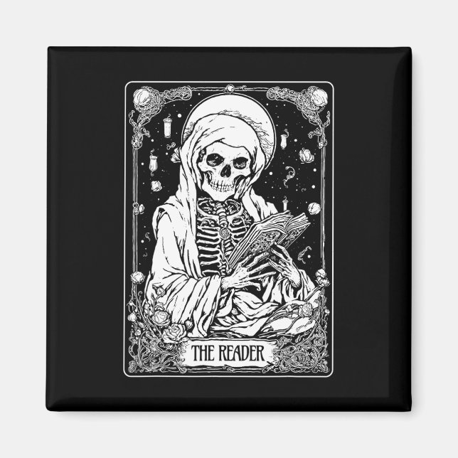 The Reader Tarot Card Skeleton Bookish Halloween S Magnet (Front)