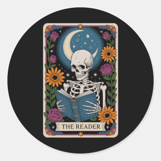 The Reader Tarot Card Skeleton Reading Book Bookwo Classic Round Sticker (Front)