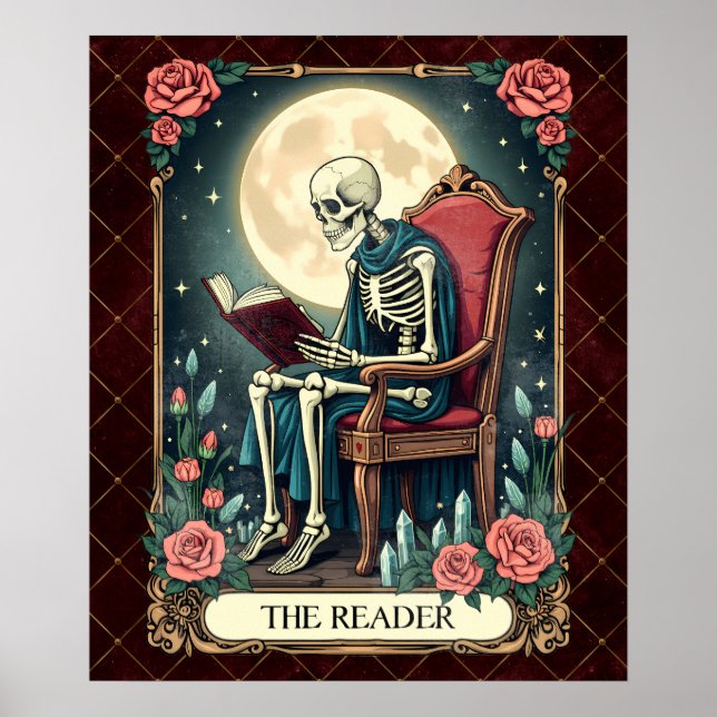 The Reader, Vintage Style Tarot Card Skeleton  Poster (Front)
