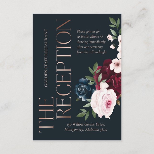 The Reception Burgundy & Navy Watercolor Florals Enclosure Card (Front)
