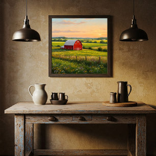 The Red Barn on Sunset Poster