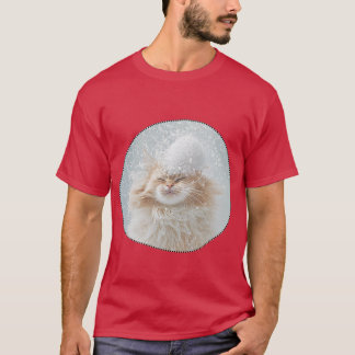 The red cat looks very relaxed, flakes on the T-Shirt