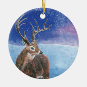 The red Deer Cervus elaphus and Winter Landscape Ceramic Tree Decoration