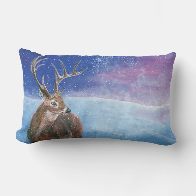 The red Deer Cervus elaphus and Winter Landscape Lumbar Cushion (Front)
