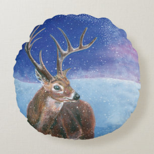 The red Deer Cervus elaphus and Winter Landscape Round Cushion