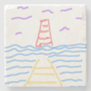 The Red Lighthouse and the Yellow Pier Stone Coaster