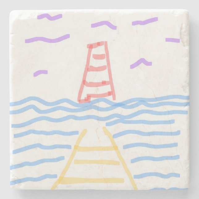 The Red Lighthouse and the Yellow Pier  Stone Coaster (Front)