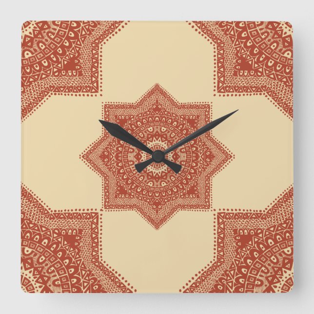 The Red Moroccan Pattern Square Wall Clock (Front)