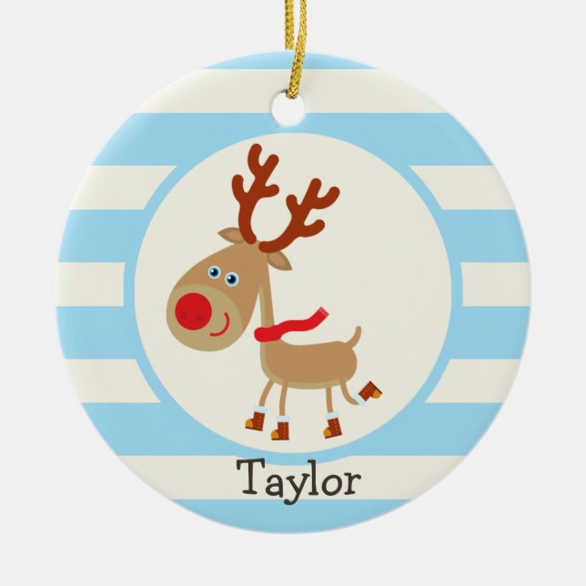 the Red Nosed Reindeer; Blue Stripes Ceramic Tree Decoration (Front)
