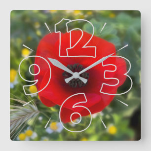The red poppy square wall clock